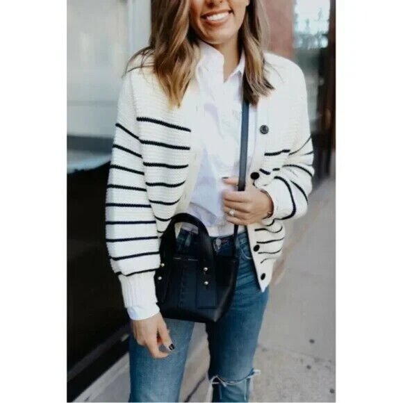 Alex Mill Cream & Navy Striped Button Back Sweater, Size XL $150 Size XL - Picture 3 of 12